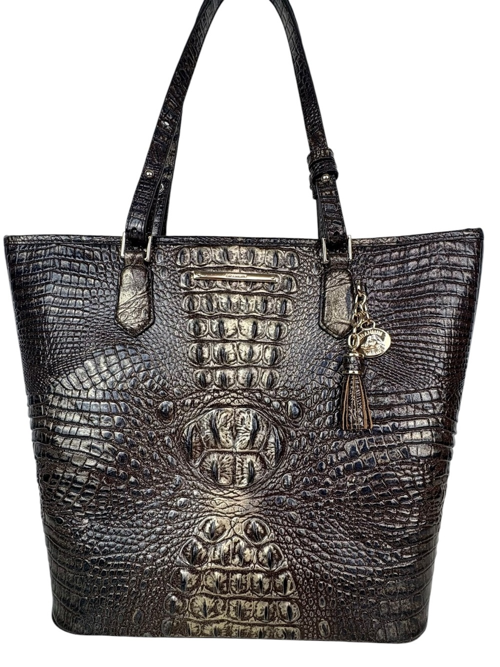 BRAHMIN Croc Embossed Leather Tote Bag Metallic Bronze Large Shoulder Handbag